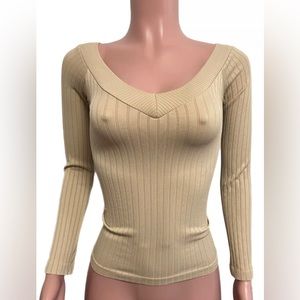 Beige Seamless Ribbed Fitted Stretchy Long Sleeve Off Shoulder Top v- neck knit